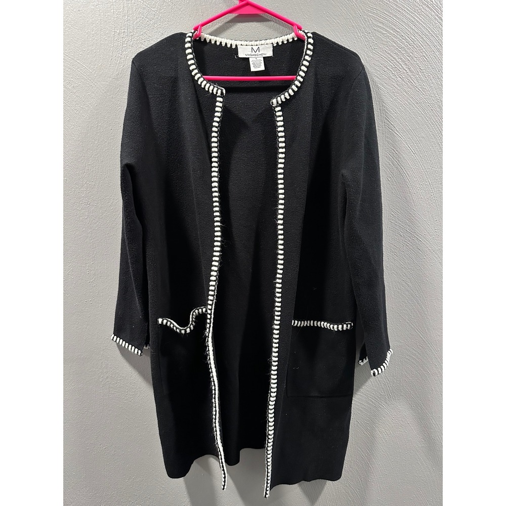 Magaschoni Black White Whipstitch Trim Open Front Longline Cardigan Sweater S